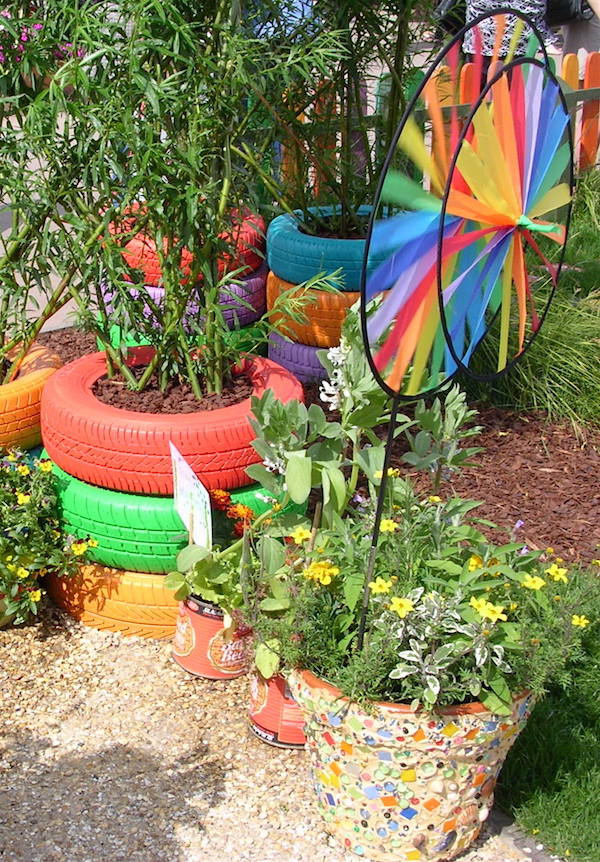Gardners World Live show garden 2005_painted tyre garden planters - nipitinthebud.co.uk
